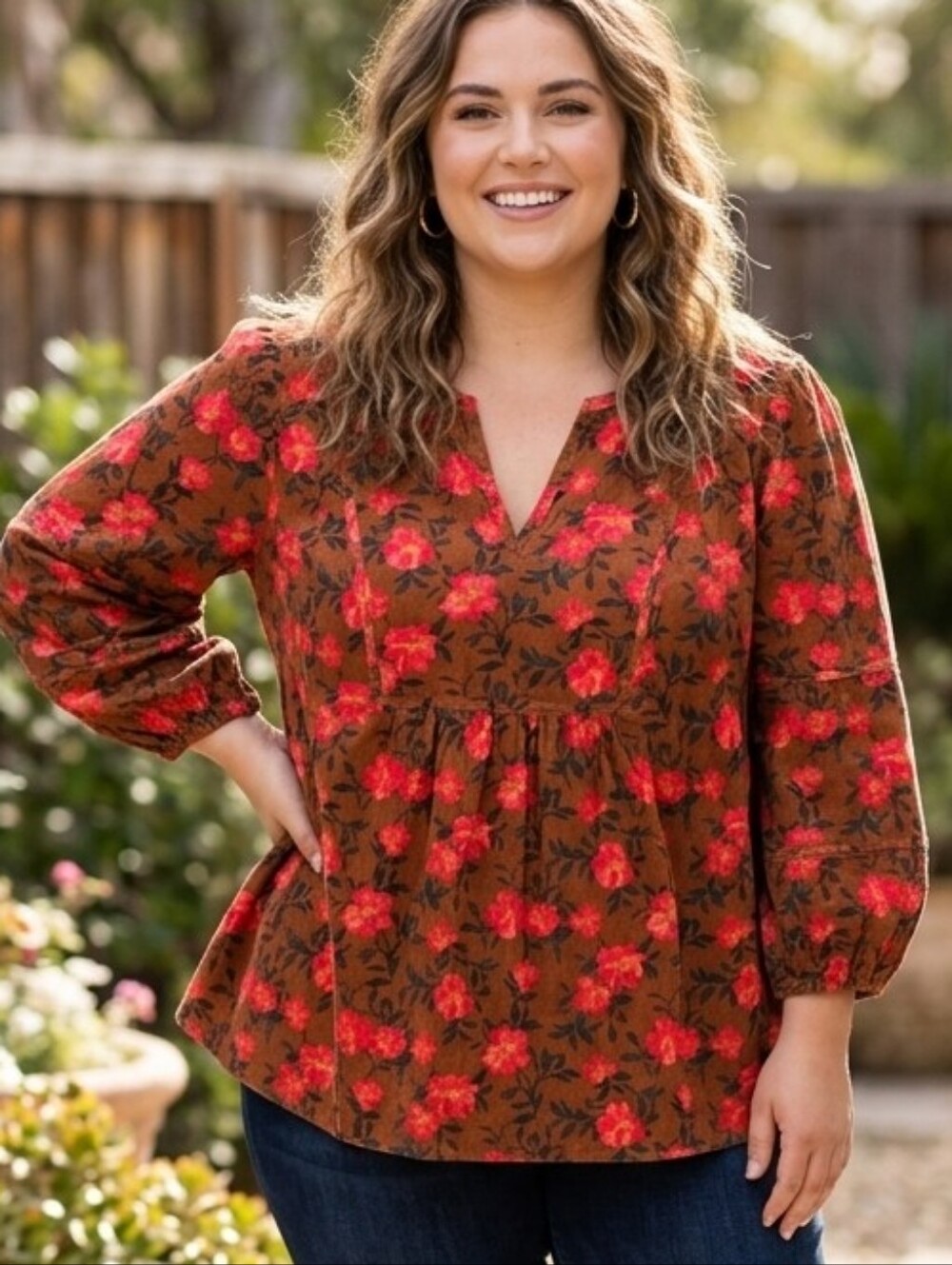 Sonoma New Corduroy Floral Pullover Top Womens 2x Boho Festival Fall Colorful